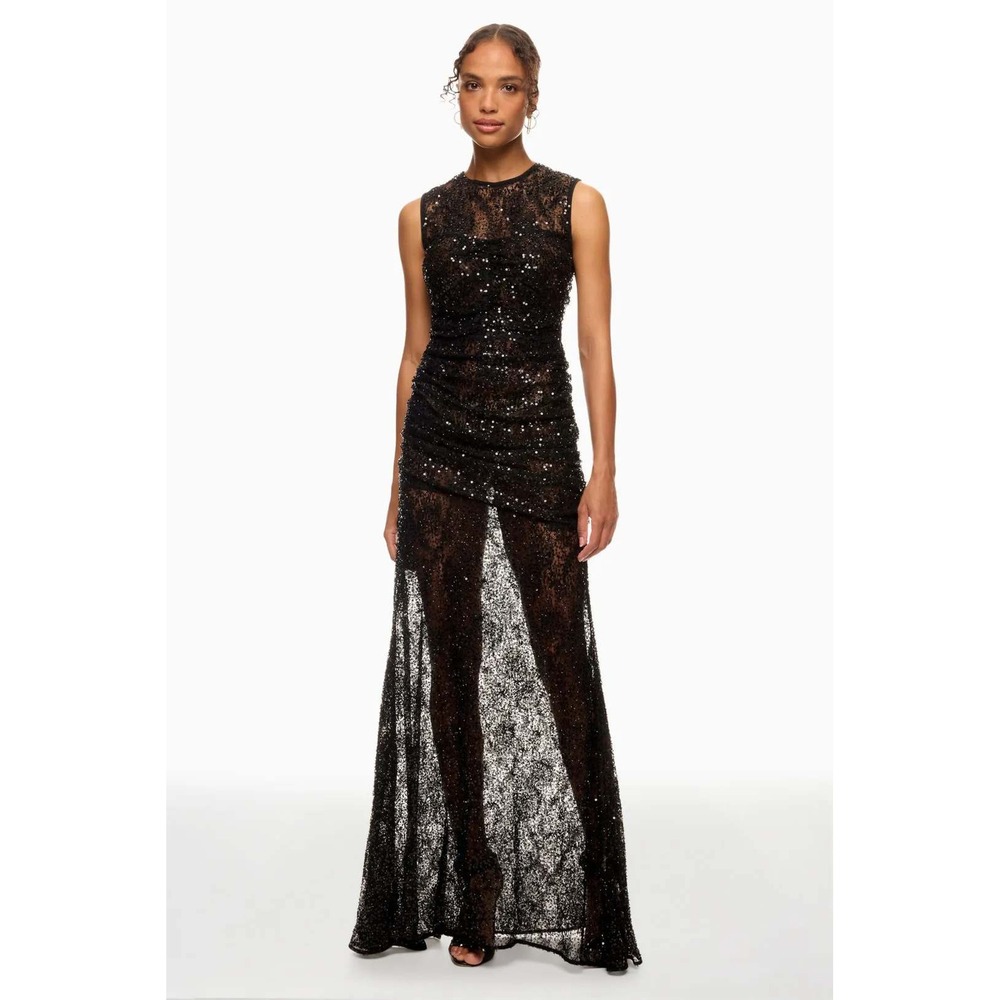 AKNVAS Black Sequin Lace Pattern Ruched Sleeveless Maxi Gown Dress Size 6